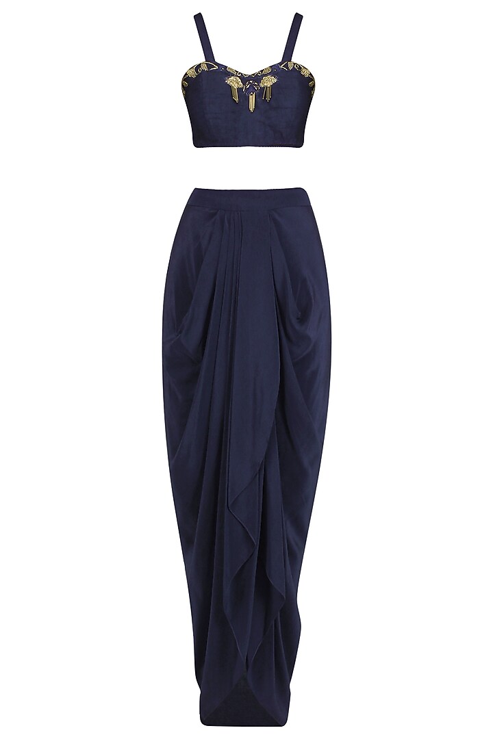 Navy dhoti and bustier with embroidered long cape available only at Pernia's Pop Up Shop.