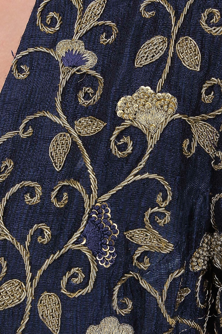 Navy dhoti and bustier with embroidered long cape available only at Pernia's Pop Up Shop.