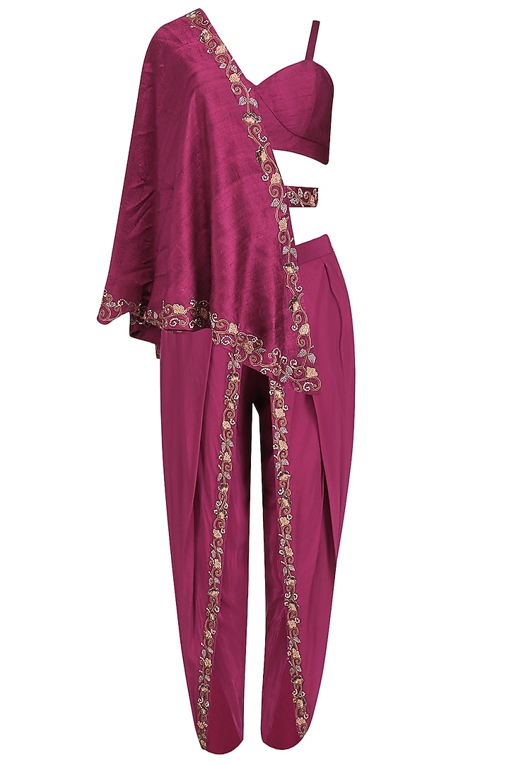Maroon Embroidered Dhoti and Bustier with One-Shoulder Cape by Kazmi India