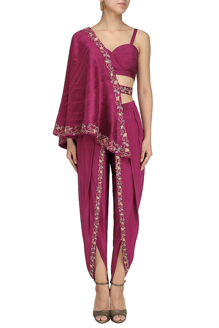 Maroon embroidered dhoti and bustier with one-shoulder cape available only at Pernia's Pop Up Shop.
