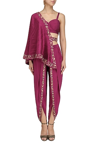 Maroon Embroidered Dhoti and Bustier with One-Shoulder Cape by Kazmi India
