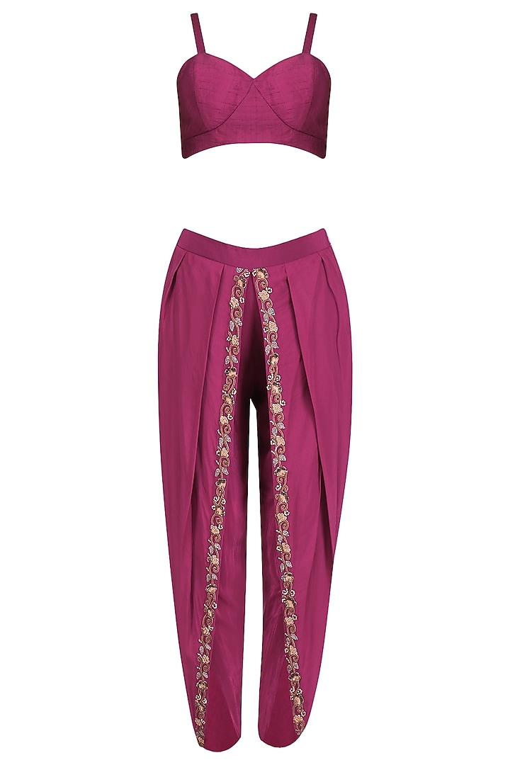 Maroon embroidered dhoti and bustier with one-shoulder cape available only at Pernia's Pop Up Shop.