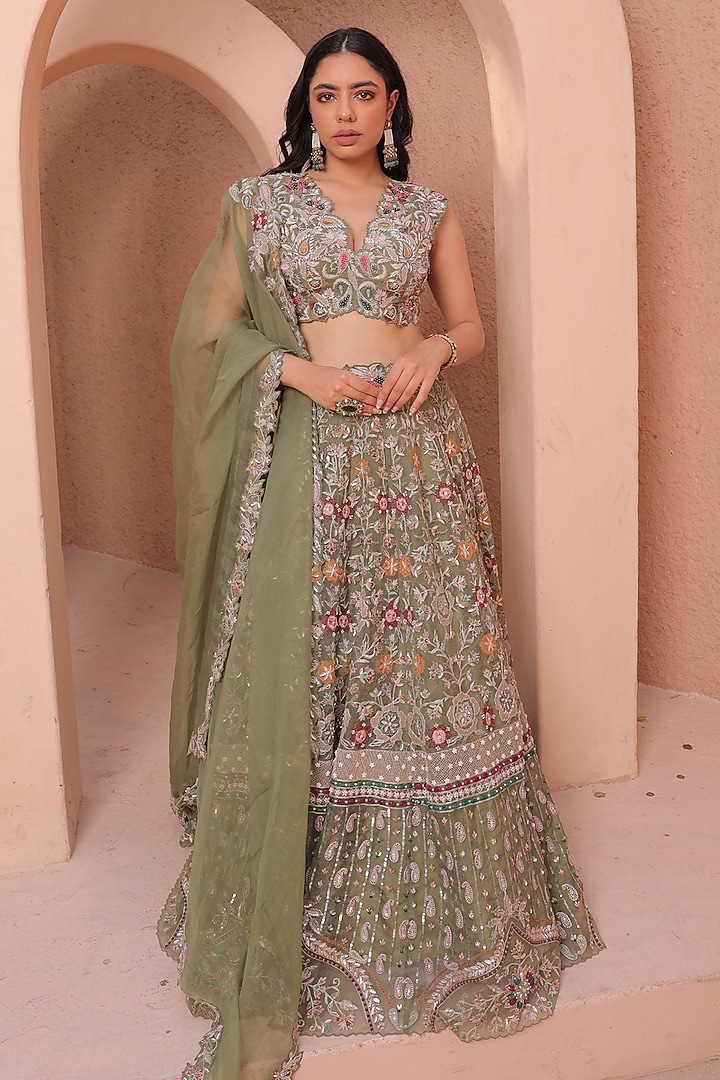 Olive Green Organza Hand Embellished Bridal Lehenga Set by Label Astha Chhabra at Pernia's Pop Up Shop