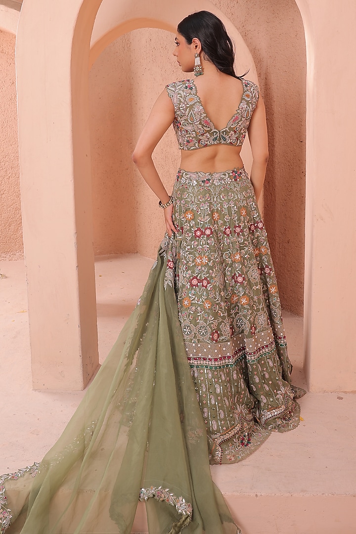 Olive Green Organza Hand Embellished Bridal Lehenga Set by Label Astha Chhabra at Pernia's Pop Up Shop