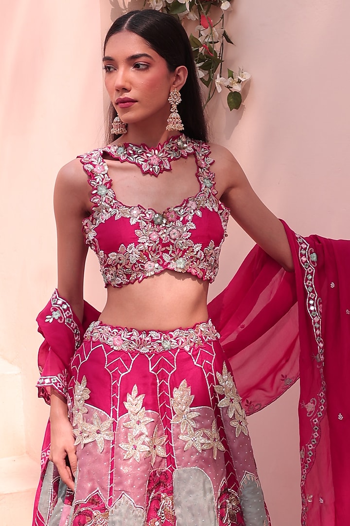 Vermillion Pink Organza Mirror Work Wedding Lehenga Set by Label Astha Chhabra at Pernia's Pop Up Shop