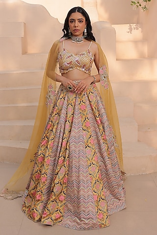 Yellow Crepe Printed & Beads Embroidered Lehenga Set by Label Astha Chhabra