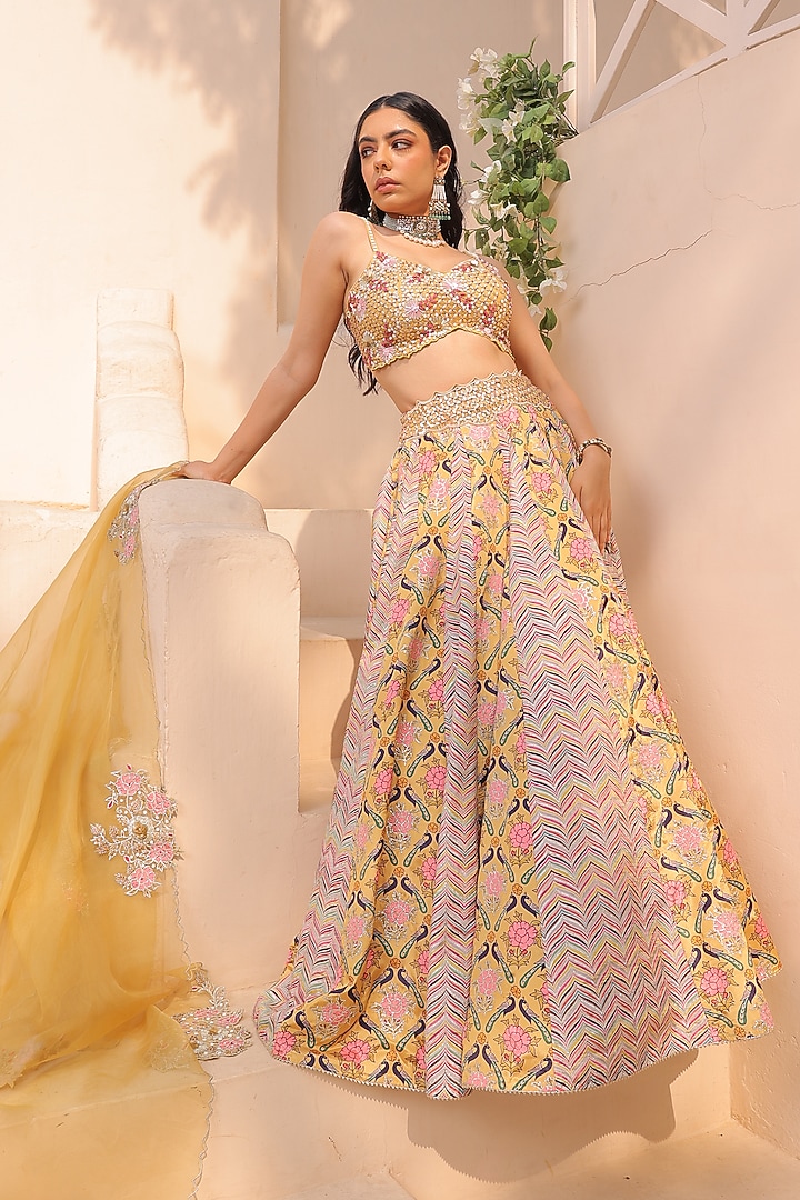 Yellow Crepe Printed & Beads Embroidered Wedding Lehenga Set by Label Astha Chhabra at Pernia's Pop Up Shop