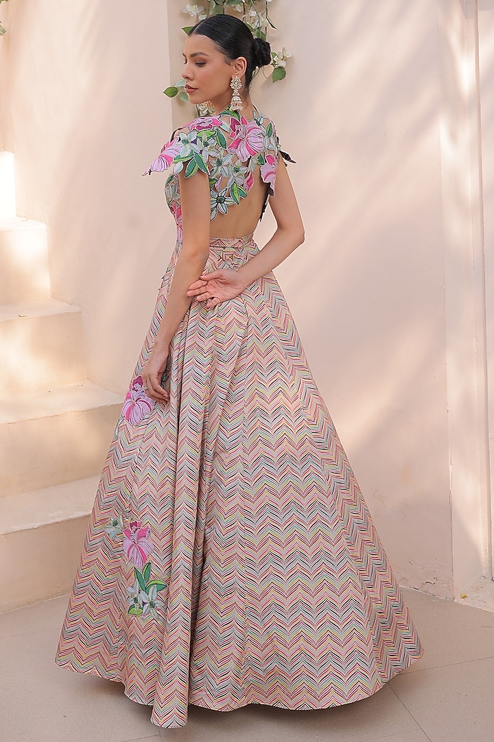 Yellow & Purple Crepe Chevron Printed Wedding Anarkali Set by Label Astha Chhabra at Pernia's Pop Up Shop