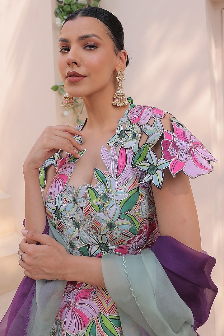 Yellow & Purple Crepe Chevron Printed Wedding Anarkali Set by Label Astha Chhabra at Pernia's Pop Up Shop
