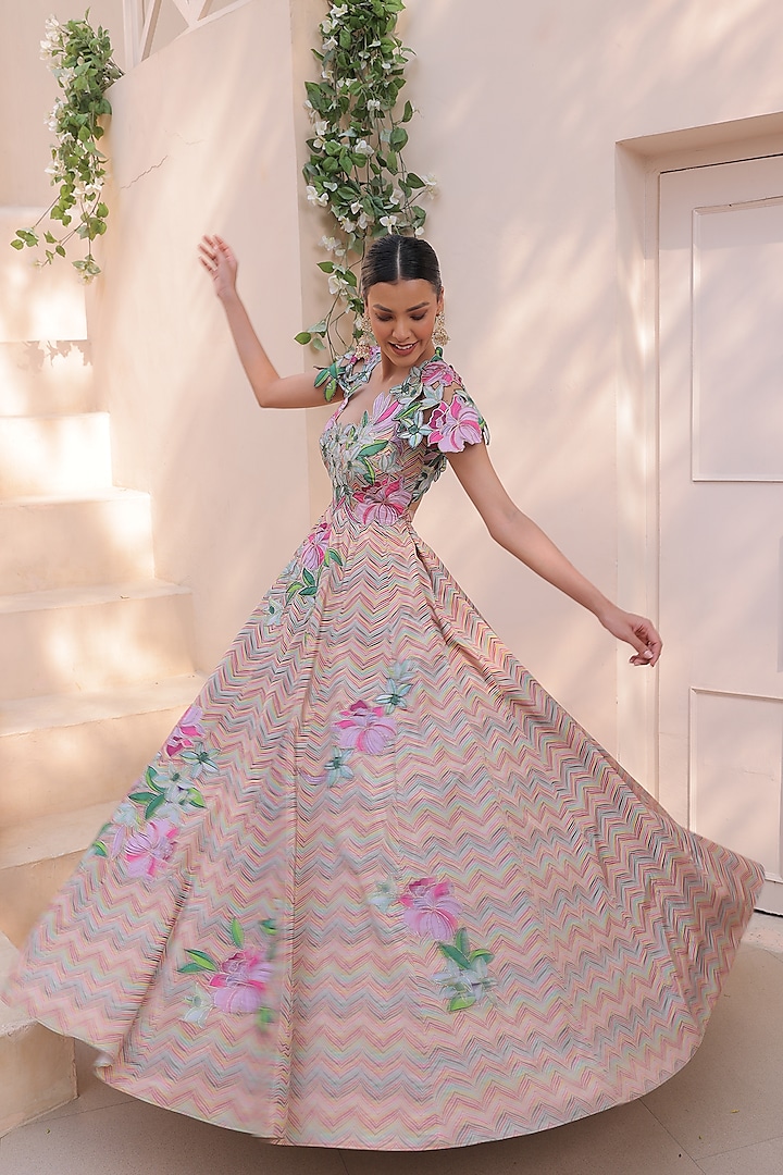 Yellow & Purple Crepe Chevron Printed Wedding Anarkali Set by Label Astha Chhabra at Pernia's Pop Up Shop