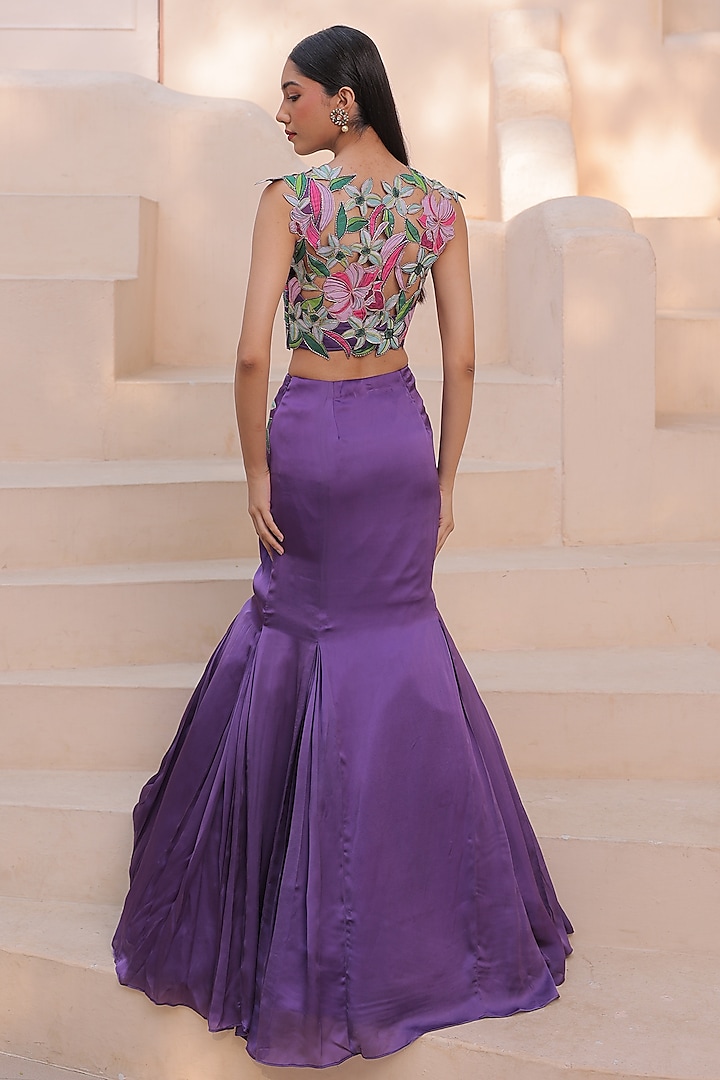 Deep Purple Satin Georgette & Organza Fish Cut Skirt Set by Label Astha Chhabra at Pernia's Pop Up Shop