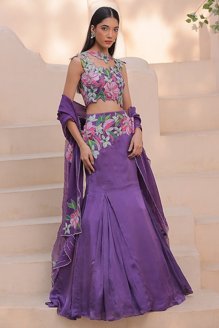 Deep Purple Satin Georgette & Organza Fish Cut Skirt Set by Label Astha Chhabra at Pernia's Pop Up Shop