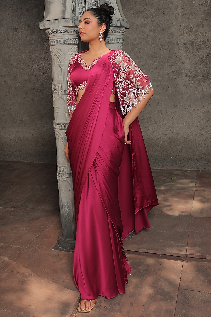 Pink Armani Satin Pre-Stitched Wedding Saree Set by Label Astha Chhabra at Pernia's Pop Up Shop