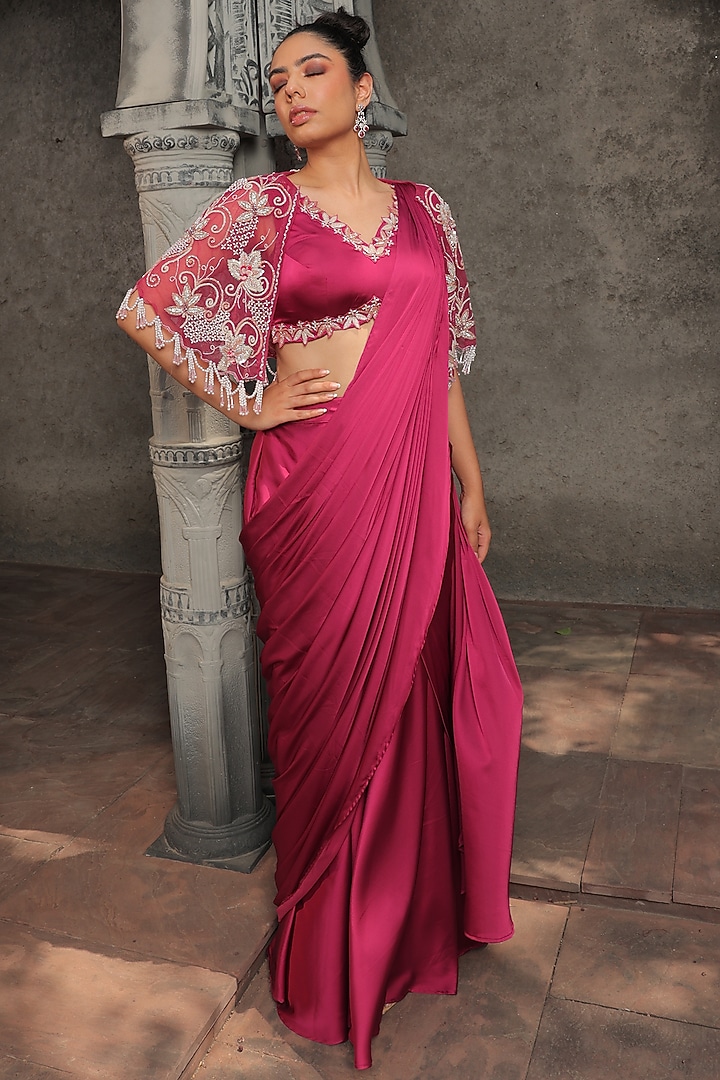 Pink Armani Satin Pre-Stitched Wedding Saree Set by Label Astha Chhabra at Pernia's Pop Up Shop
