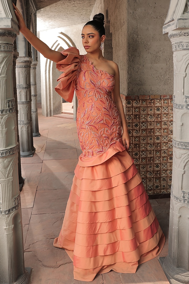 Peach Ombre Taffeta Hand Embroidered Engagement Gown by Label Astha Chhabra at Pernia's Pop Up Shop