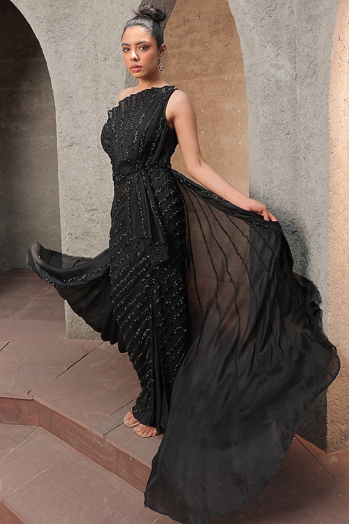 Black Organza Hand Embroidered Engagement Gown With Trail by Label Astha Chhabra at Pernia's Pop Up Shop