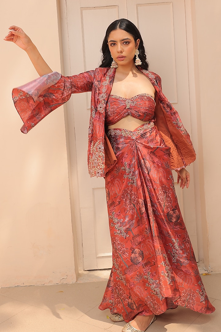 Rust Crepe Hand Embellished Dhoti Skirt Set by Label Astha Chhabra at Pernia's Pop Up Shop