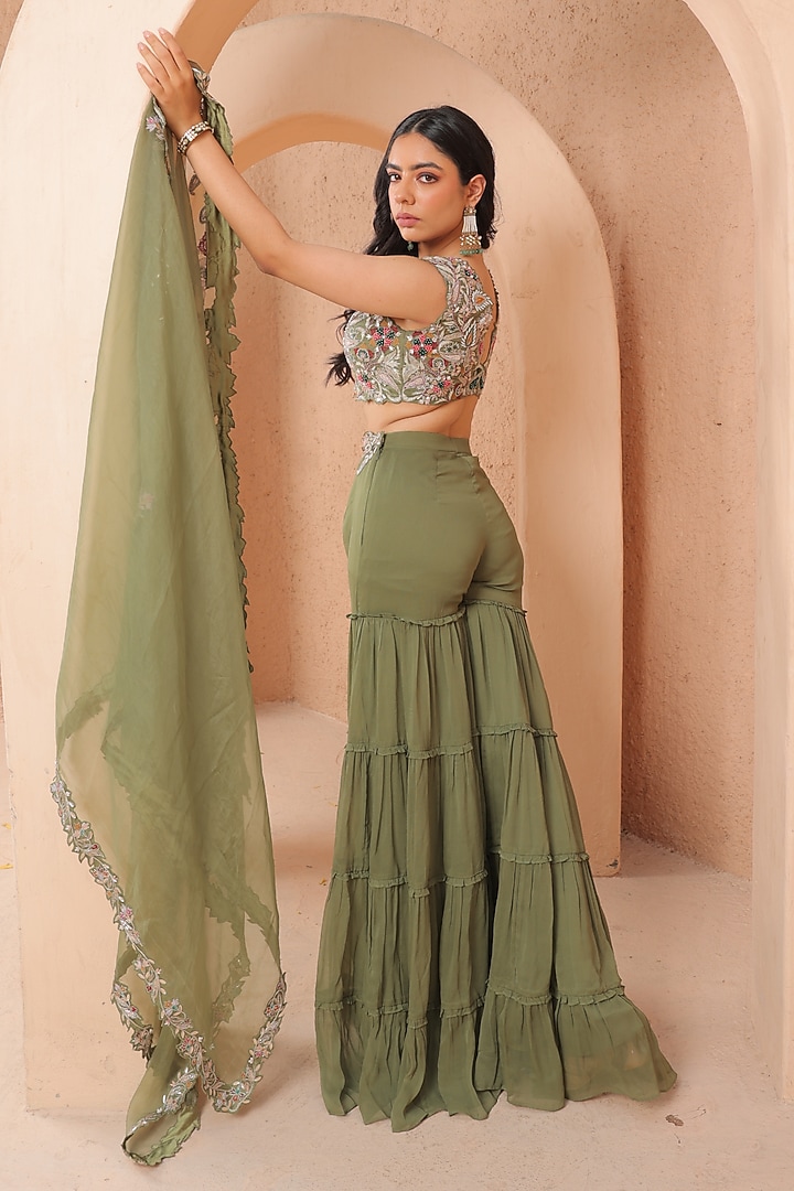 Olive Green Georgette & Organza Wedding Sharara Set by Label Astha Chhabra at Pernia's Pop Up Shop