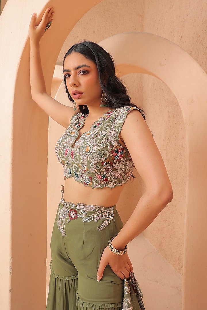 Olive Green Georgette & Organza Wedding Sharara Set by Label Astha Chhabra at Pernia's Pop Up Shop