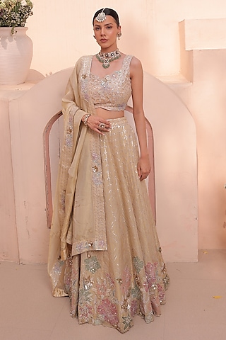 Gold Banarasi Applique Work Lehenga Set by Label Astha Chhabra