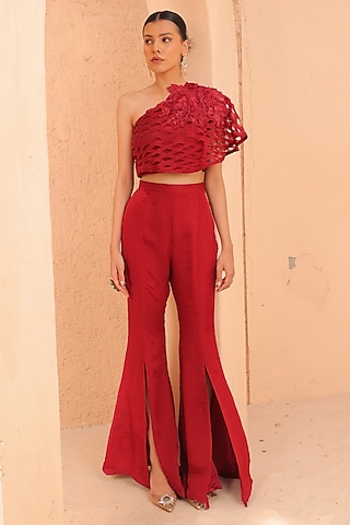 Oxblood Red Organza Bell-Bottom Pant Set by Label Astha Chhabra
