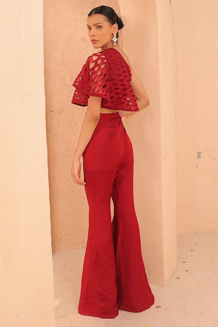 Oxblood Red Organza Bell-Bottom Pant Set by Label Astha Chhabra at Pernia's Pop Up Shop