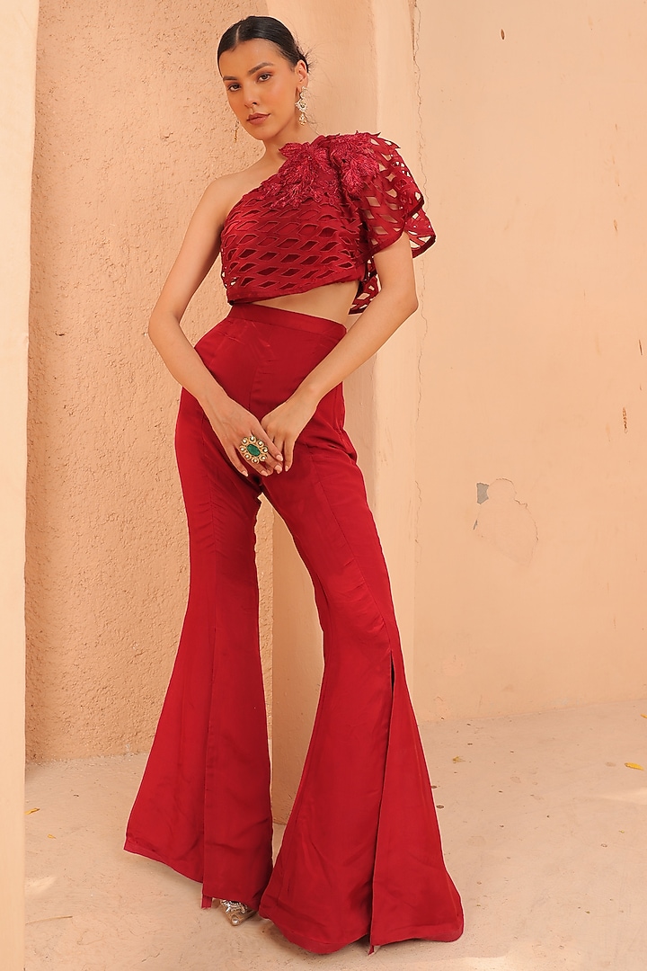 Oxblood Red Organza Bell-Bottom Pant Set by Label Astha Chhabra at Pernia's Pop Up Shop