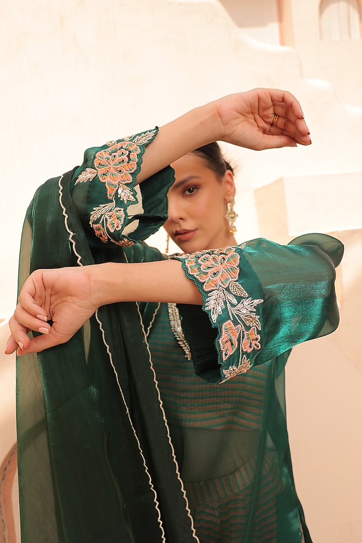 Emerald Green Organza Applique Embroidered Shirt Tunic Set by Label Astha Chhabra at Pernia's Pop Up Shop