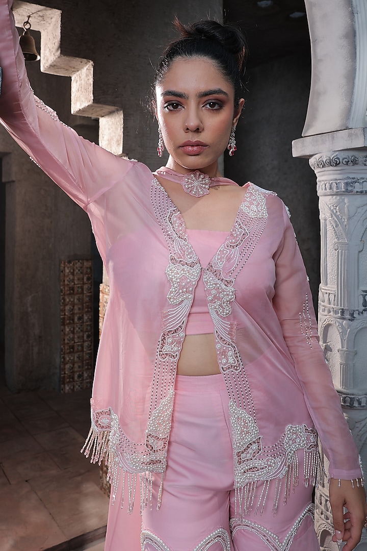 Pink Organza Hand Embellished Jacket Set by Label Astha Chhabra at Pernia's Pop Up Shop