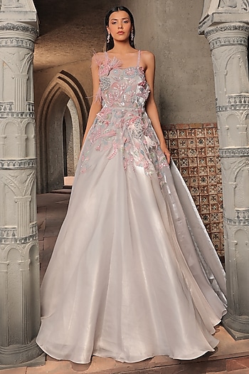 Grey Glass Organza Embroidered Engagement Gown by Label Astha Chhabra at Pernia's Pop Up Shop