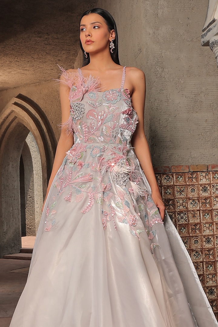 Grey Glass Organza Embroidered Engagement Gown by Label Astha Chhabra at Pernia's Pop Up Shop