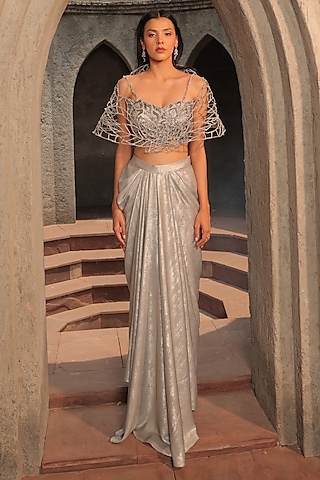 Silver Metallic Organza & Sandwash Dhoti Skirt Set by Label Astha Chhabra
