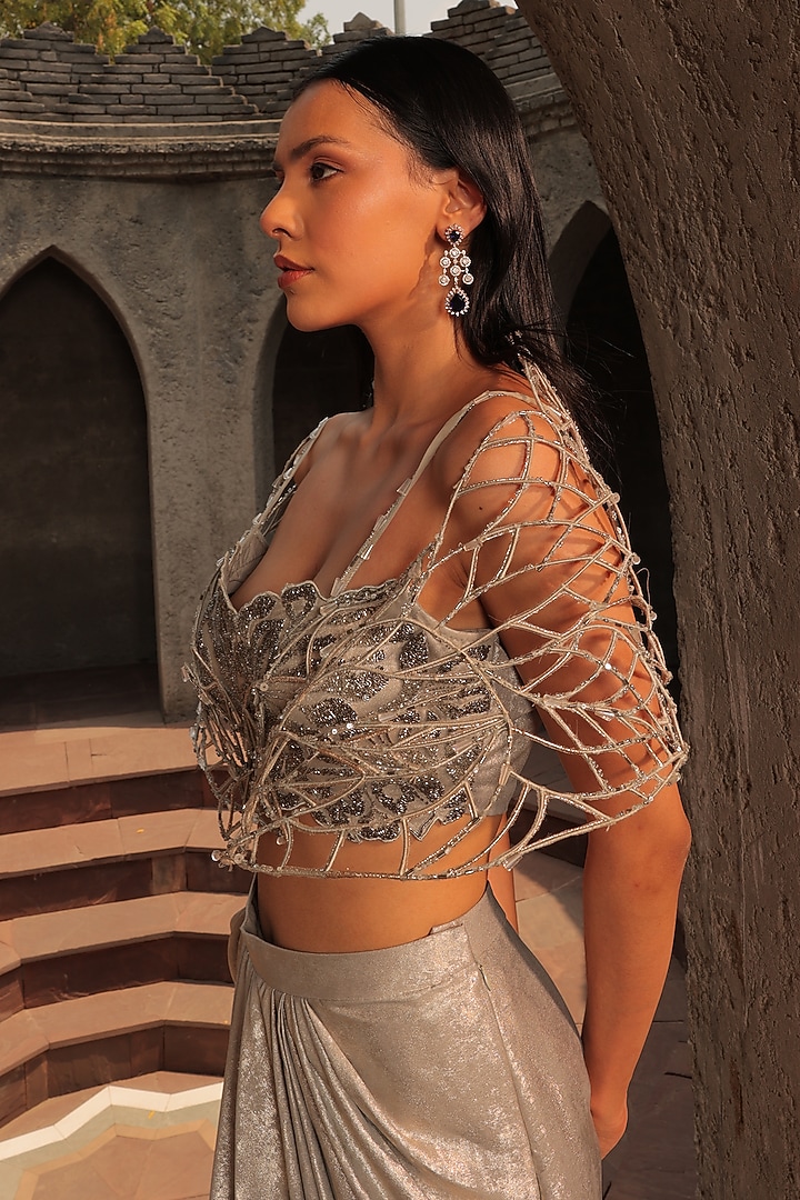 Silver Metallic Organza & Sandwash Dhoti Skirt Set by Label Astha Chhabra at Pernia's Pop Up Shop