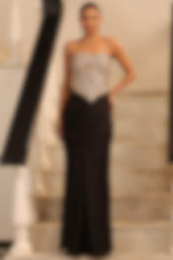 Black Satin Draped Skirt Set by Label Astha Chhabra at Pernia's Pop Up Shop