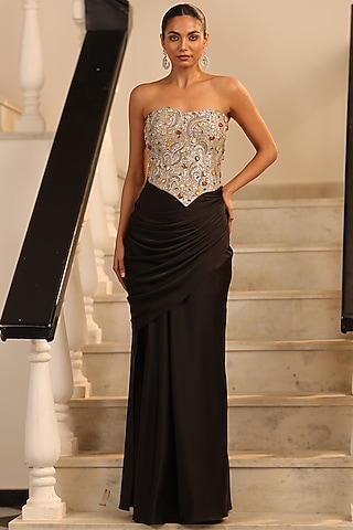Black Satin Draped Skirt Set by Label Astha Chhabra
