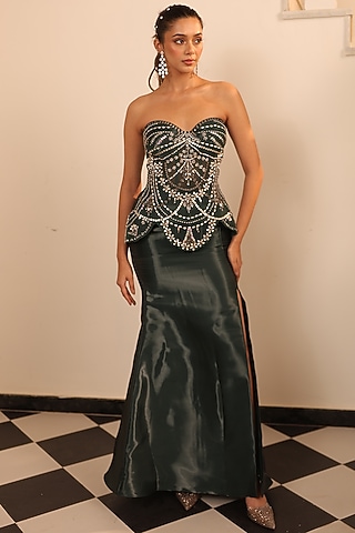 Teal Green Glass Organza Fish-Cut Skirt Set by Label Astha Chhabra