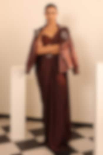 Brown Satin & Organza Jacket Draped Party Wear Saree Set by Label Astha Chhabra at Pernia's Pop Up Shop