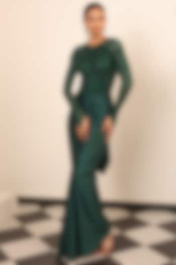 Bottle Green Satin & Net Embellished Draped Skirt Set by Label Astha Chhabra at Pernia's Pop Up Shop