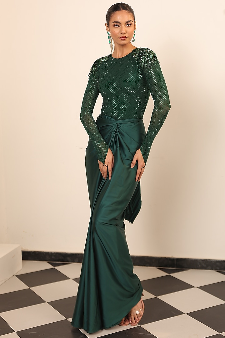 Bottle Green Satin & Net Embellished Draped Skirt Set by Label Astha Chhabra at Pernia's Pop Up Shop