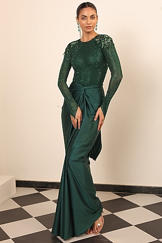 Bottle Green Satin & Net Embellished Draped Skirt Set by Label Astha Chhabra