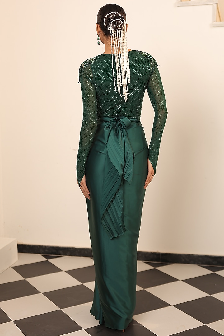 Bottle Green Satin & Net Embellished Draped Skirt Set by Label Astha Chhabra at Pernia's Pop Up Shop