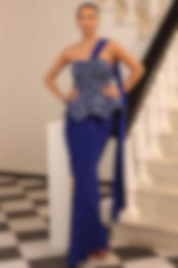 Electric Blue Stretch Lycra Draped Wedding Saree Set by Label Astha Chhabra at Pernia's Pop Up Shop