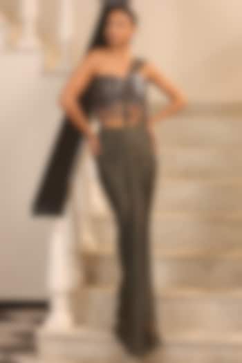 Olive Green Lycra Embellished Draped Wedding Saree Set by Label Astha Chhabra at Pernia's Pop Up Shop