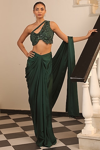 Bottle Green Satin Pre-Draped Saree Set by Label Astha Chhabra