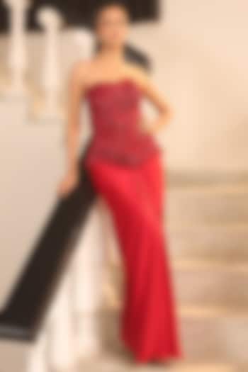 Red Satin Draped Embellished Skirt Set by Label Astha Chhabra at Pernia's Pop Up Shop