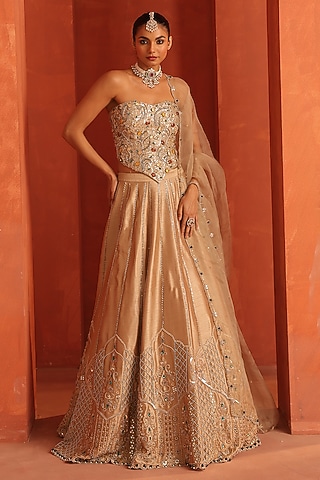 Gold Banarasi Silk Embroidered Lehenga Set by Label Astha Chhabra