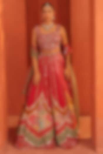 Vermillion Pink Tissue Hand Embroidered Wedding Lehenga Set by Label Astha Chhabra at Pernia's Pop Up Shop