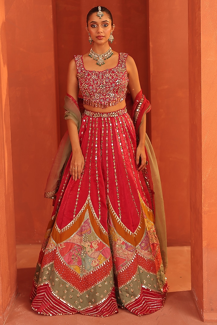 Vermillion Pink Tissue Hand Embroidered Wedding Lehenga Set by Label Astha Chhabra at Pernia's Pop Up Shop