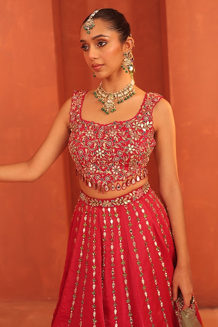 Vermillion Pink Tissue Hand Embroidered Wedding Lehenga Set by Label Astha Chhabra at Pernia's Pop Up Shop