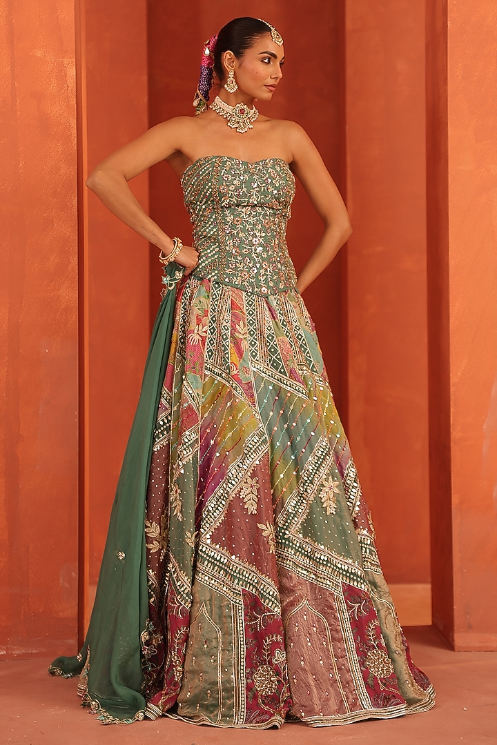 Dusty Blue Organza Mirror Embroidered Wedding Lehenga Set by Label Astha Chhabra at Pernia's Pop Up Shop
